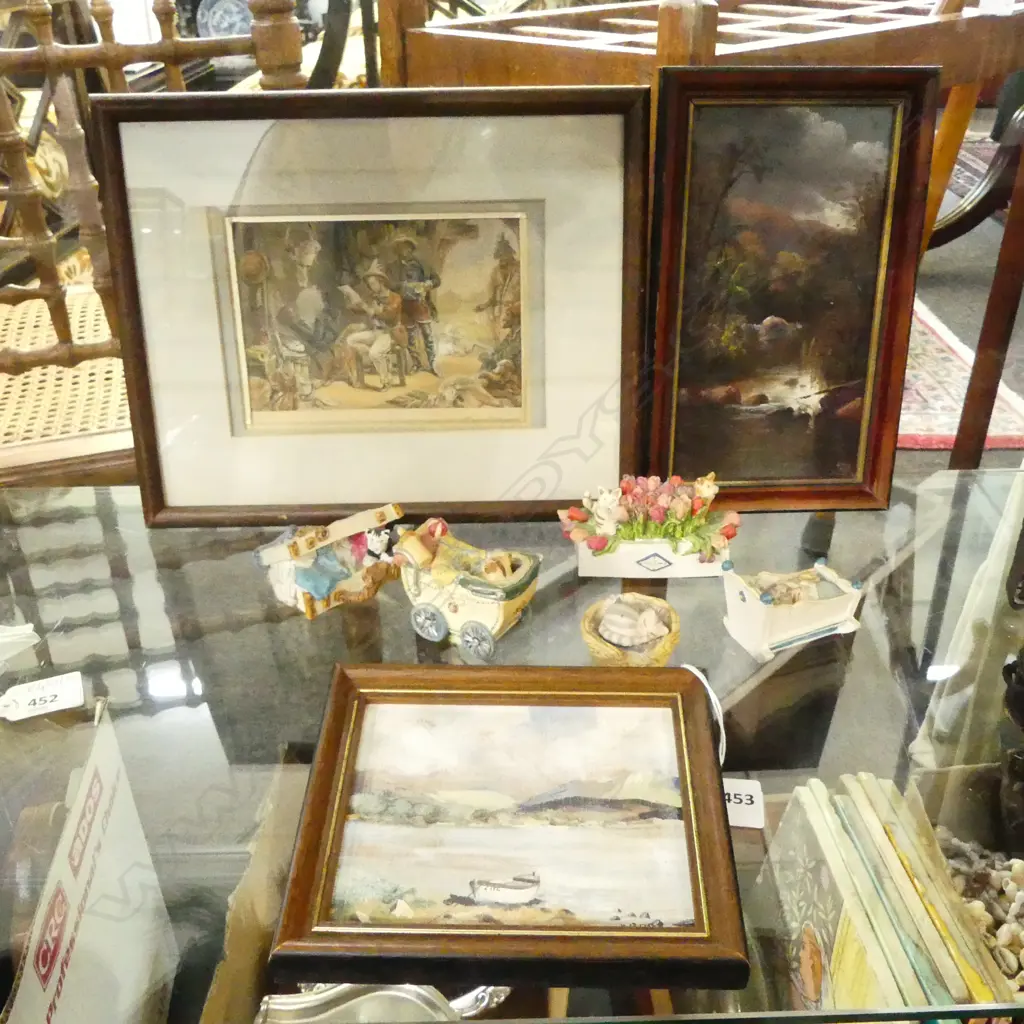 3 SMALL ARTWORKS INCL. PERRETT, 5 CAT ORNAMENTS Image 1++