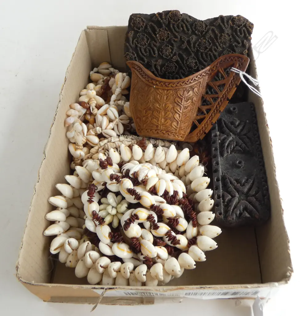 ITEMS INCL; NORWEGIAN CARVED JUG H.100mm, 2 WOODEN BATIK STAMPS, HAWAIIAN SHELL NECKLACES & SML SHELL BOWL Image 1++