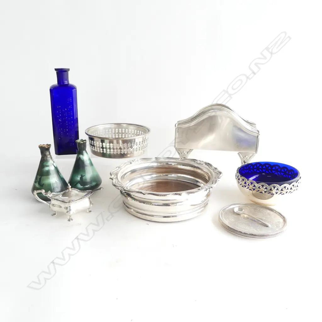 ASST. SILVER PLATE, BLUE GLASS BOTTLE & 2 SML. BAYREUTH (FAULTS) Image 1++