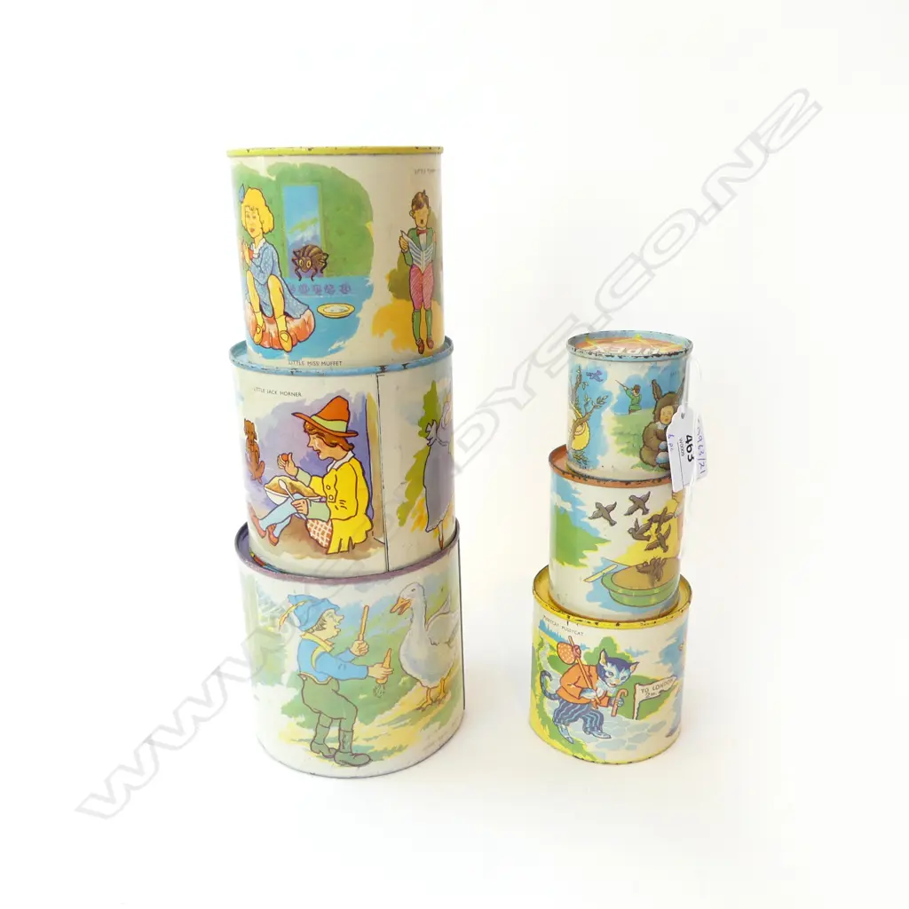 SET OF 6 VINTAGE TINPLATE NURSERY RHYME STACKING CUPS ‘APEX’, H.480MM Image 1++
