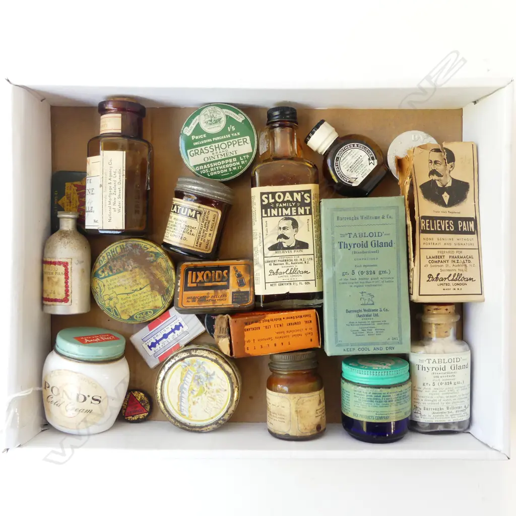 VINTAGE PHARMACEUTICAL BOTTLES & TINS SLOAN’S LINIMENT ETC Image 1++
