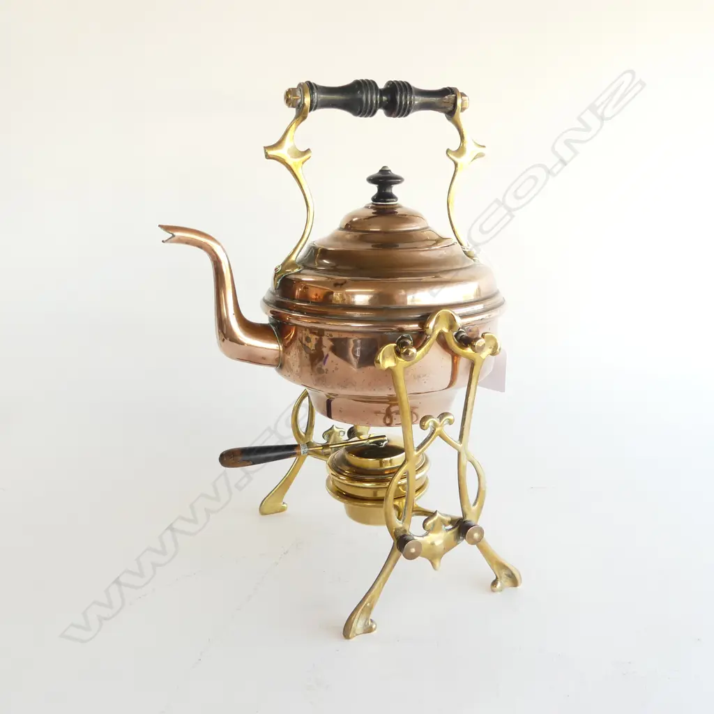 ANTIQUE COPPER SPIRIT KETTLE ON BRASS STAND H300MM Image 1++