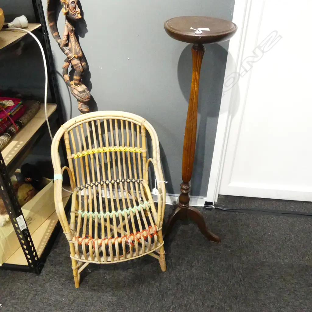 SPLIT CANE CHILD CHAIR & MAHOGANY PLANT STAND H1020MM Image 1++