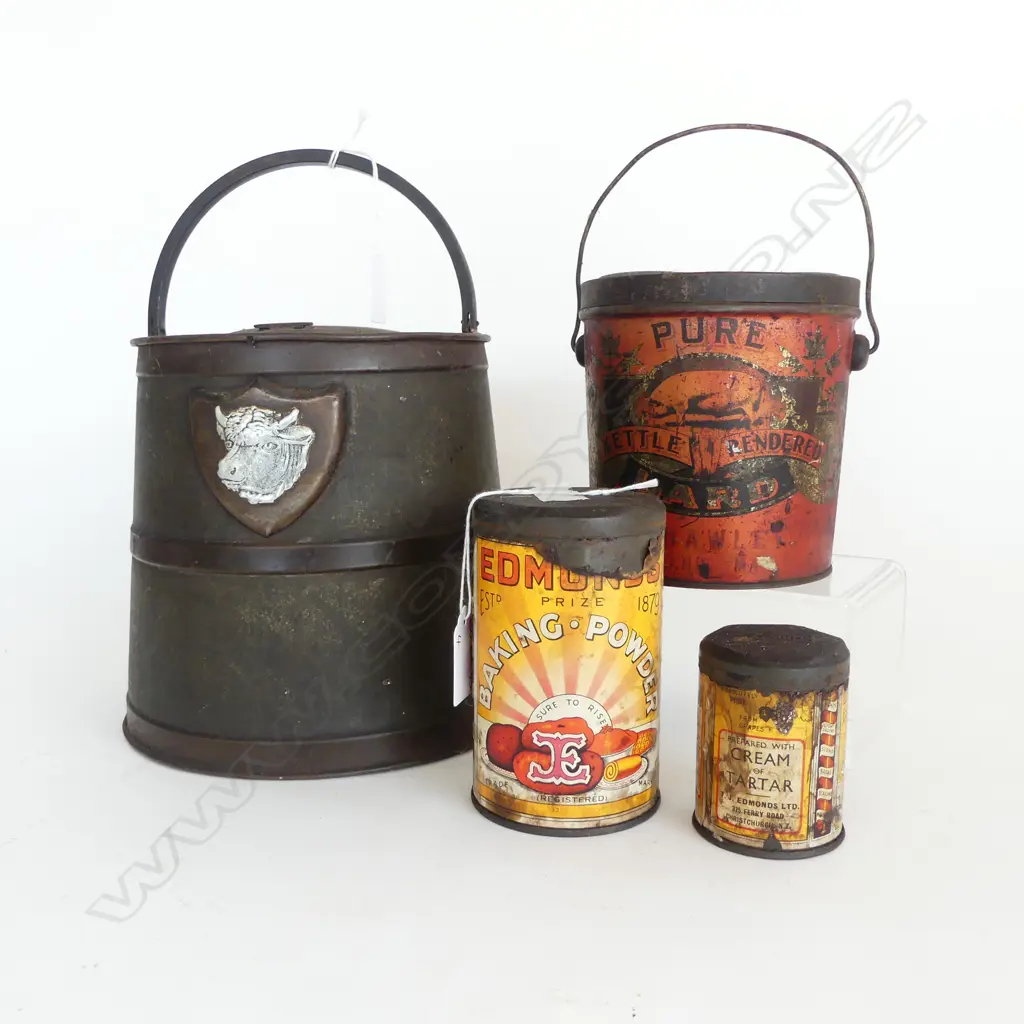 TWO ANTIQUE LARD TINS AND TWO EDMONDS BAKING POWDER TINS Image 1++