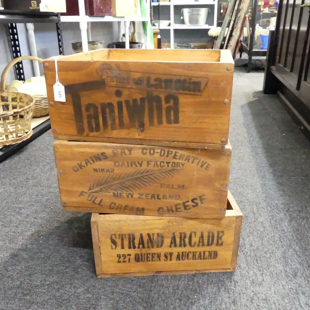 3 STENCILLED ADVERTISING BOXES Image 1++