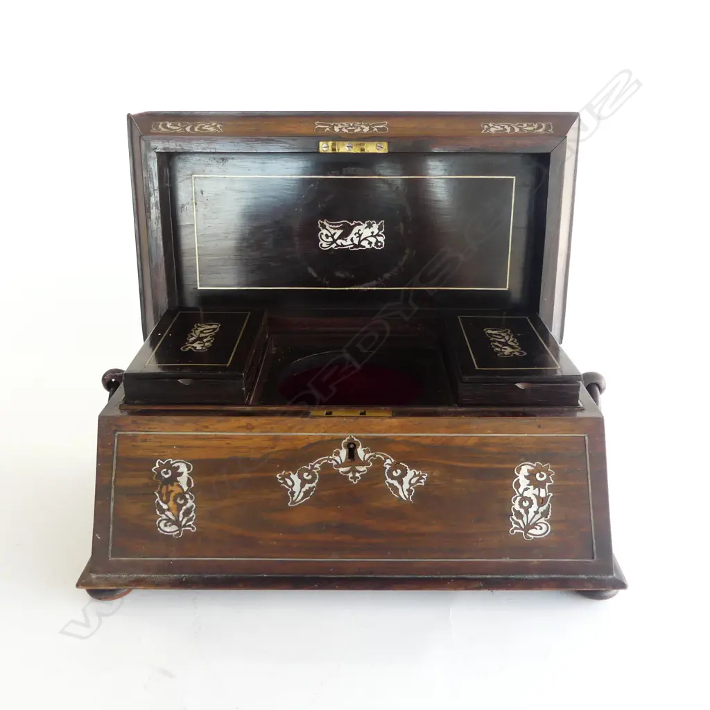 REGENCY ROSEWOOD TEA CADDY, SARCOPHAGUS STYLE w MOP INLAY (sml pcs missing) 360 x 190 x 180mm Image 1++