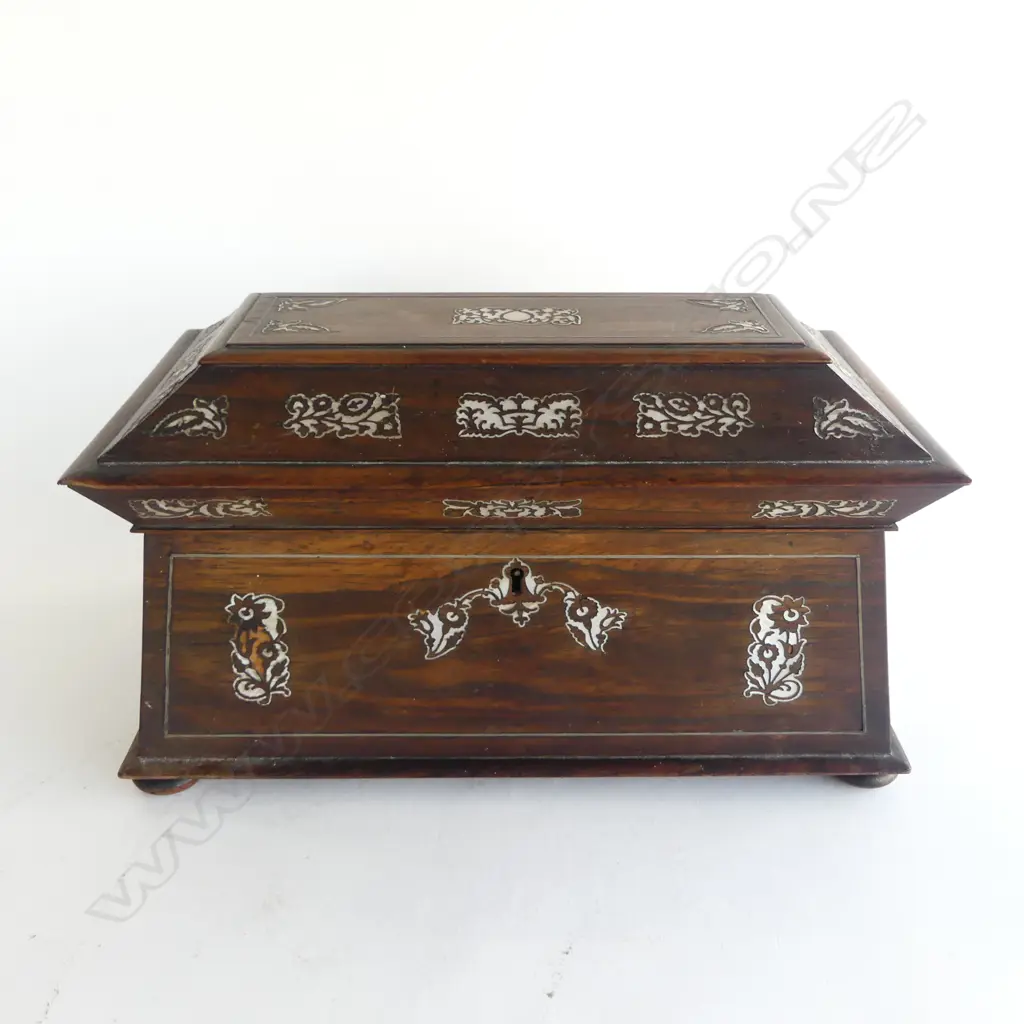REGENCY ROSEWOOD TEA CADDY, SARCOPHAGUS STYLE w MOP INLAY (sml pcs missing) 360 x 190 x 180mm Image 1++