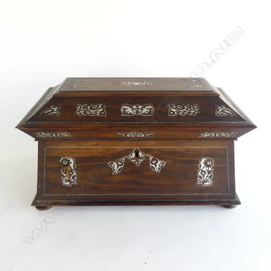 REGENCY ROSEWOOD TEA CADDY, SARCOPHAGUS STYLE w MOP INLAY (sml pcs missing) 360 x 190 x 180mm
