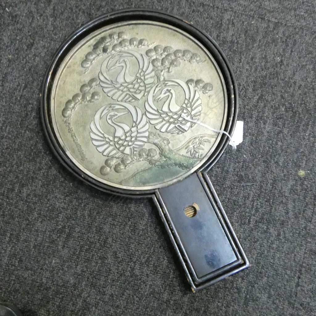 Meiji period silvered bronze mirror in orginal lacquer box H.345mm Image 1++