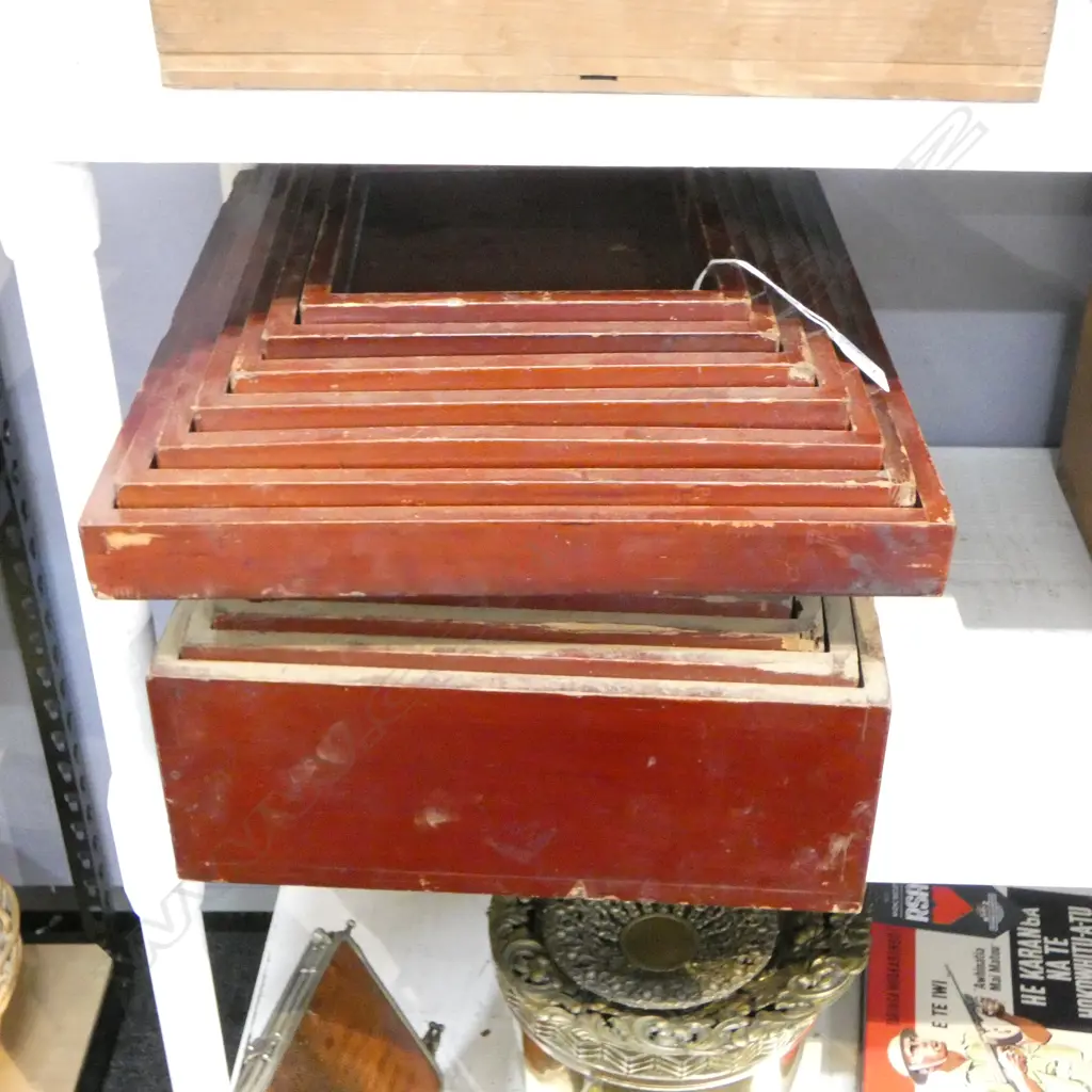 7 japanese red lacquer nesting lidded box set Image 1++