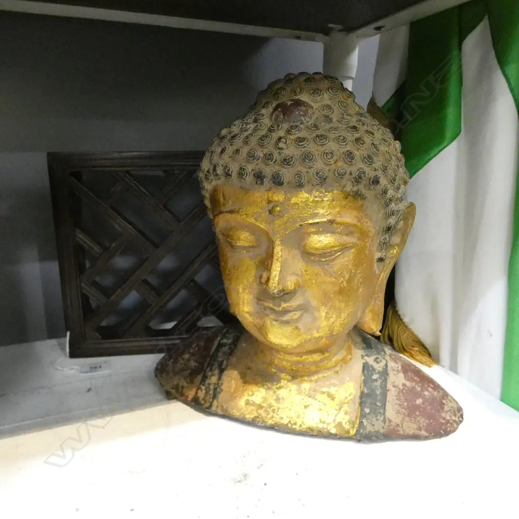 GILT METAL BUDDHA HEAD ON TRELLIS STAND H.320mm Image 1++