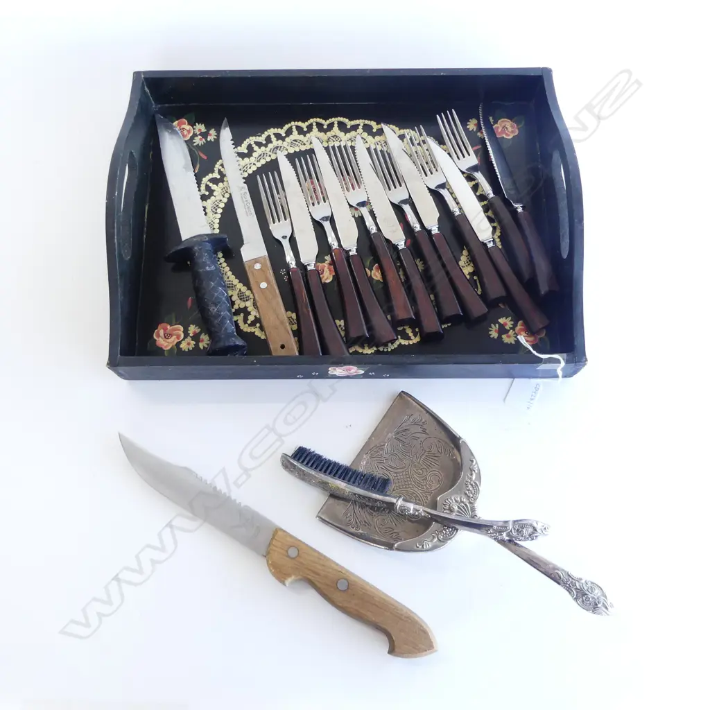 PAINTED TRAY L390  3 FISHING KNIVES SET OF CUTLERY & CRUMB BRUSH & TRAY  Image 1++