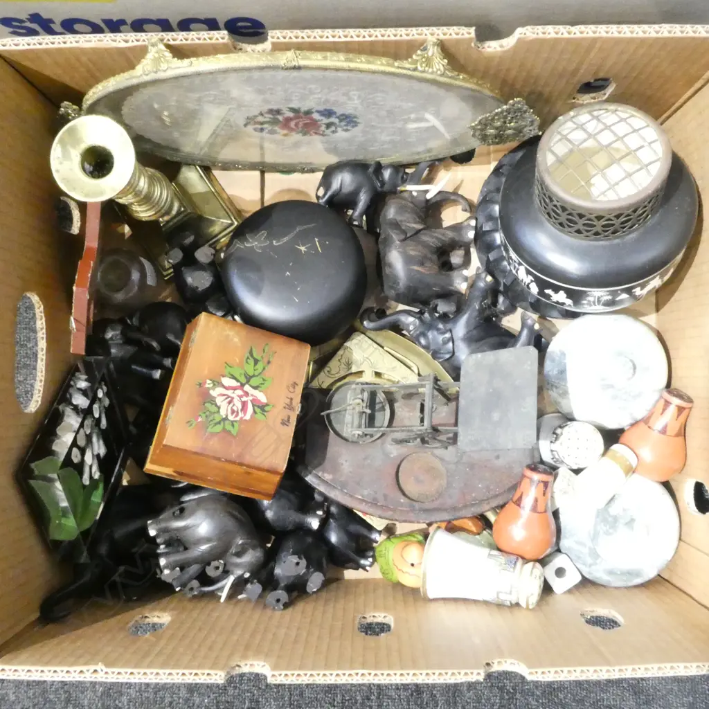 COLLECTION OF HARD WOOD ELEPHANTS  BRASS ITEMS ETC Image 1++