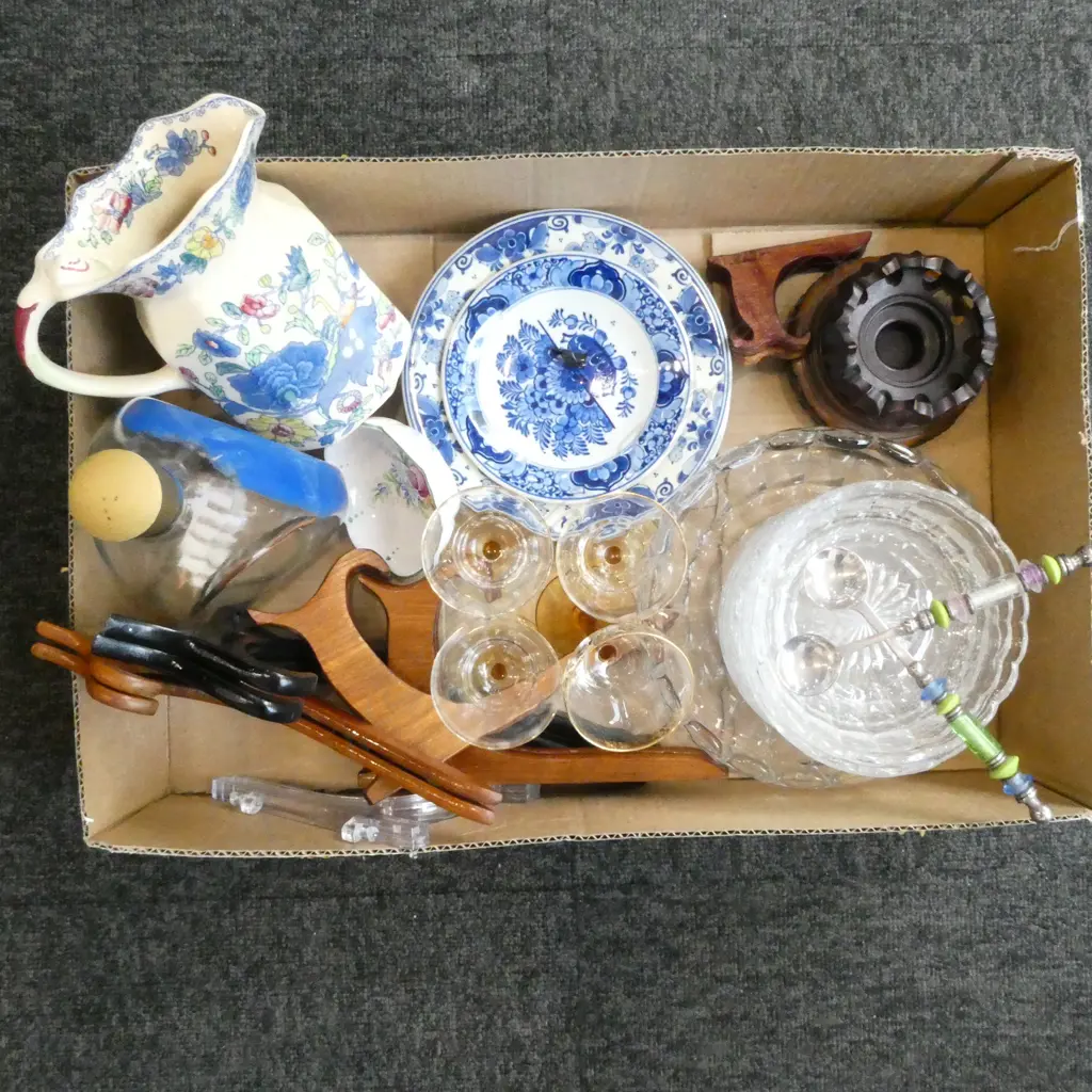 ASST. VINTAGE; DECO GLASS DESSERT SET, B/W DELFT PLATES, MASON JUG, 4 LIQUEUR GLASSES & CHINESE STANDS Image 1++