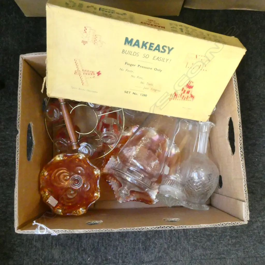 2 LIDDED GLASS TOILET BOTTLES DECANTER  JUG GLASS SET & 3 CARNIVAL GLASS BOWLS ETC Image 1++