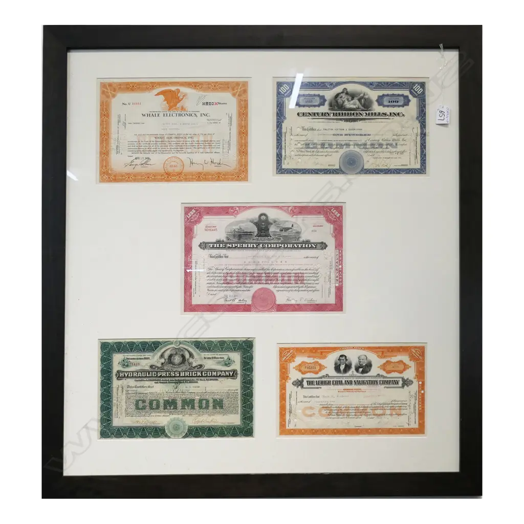 FIVE FRAMED 1930s US COMPANY BONDS, 870  X 800mm (incl. frame) Image 1++