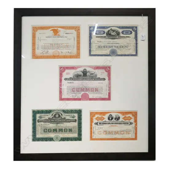 FIVE FRAMED 1930s US COMPANY BONDS, 870  X 800mm (incl. frame)