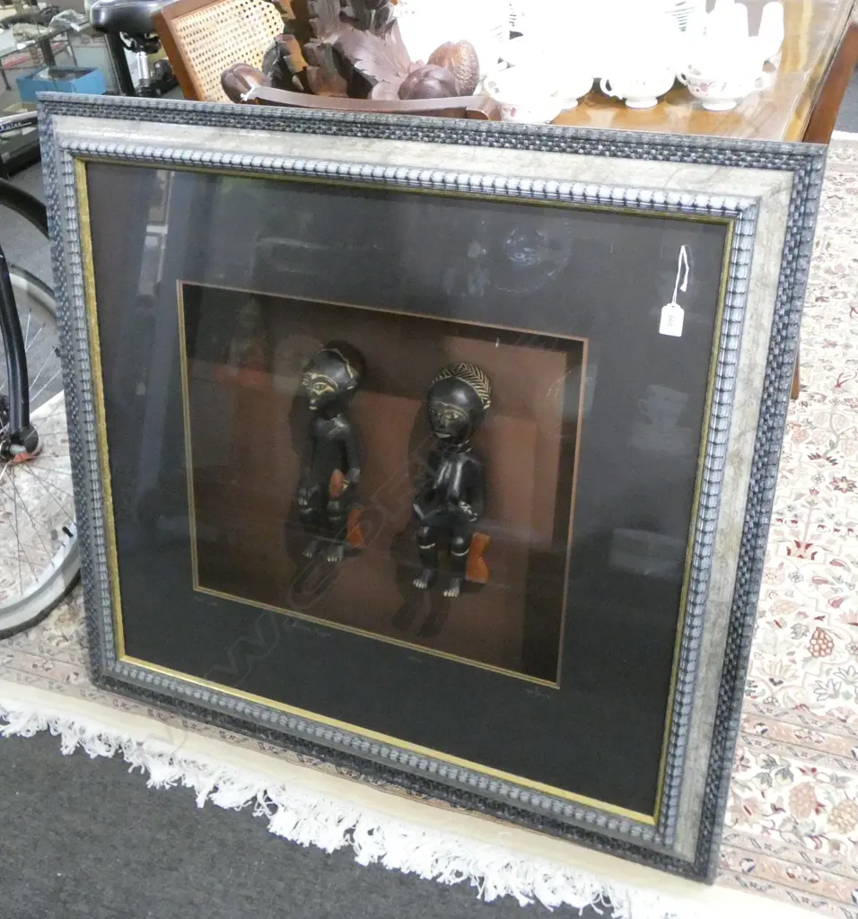 TWO AFRICAN CARVED & DARK PIGMENT FINISHED FIGURES in lge frame UV glass. 'Fanti Couple Ashanti Region... 950 x 1040mm Image 1++