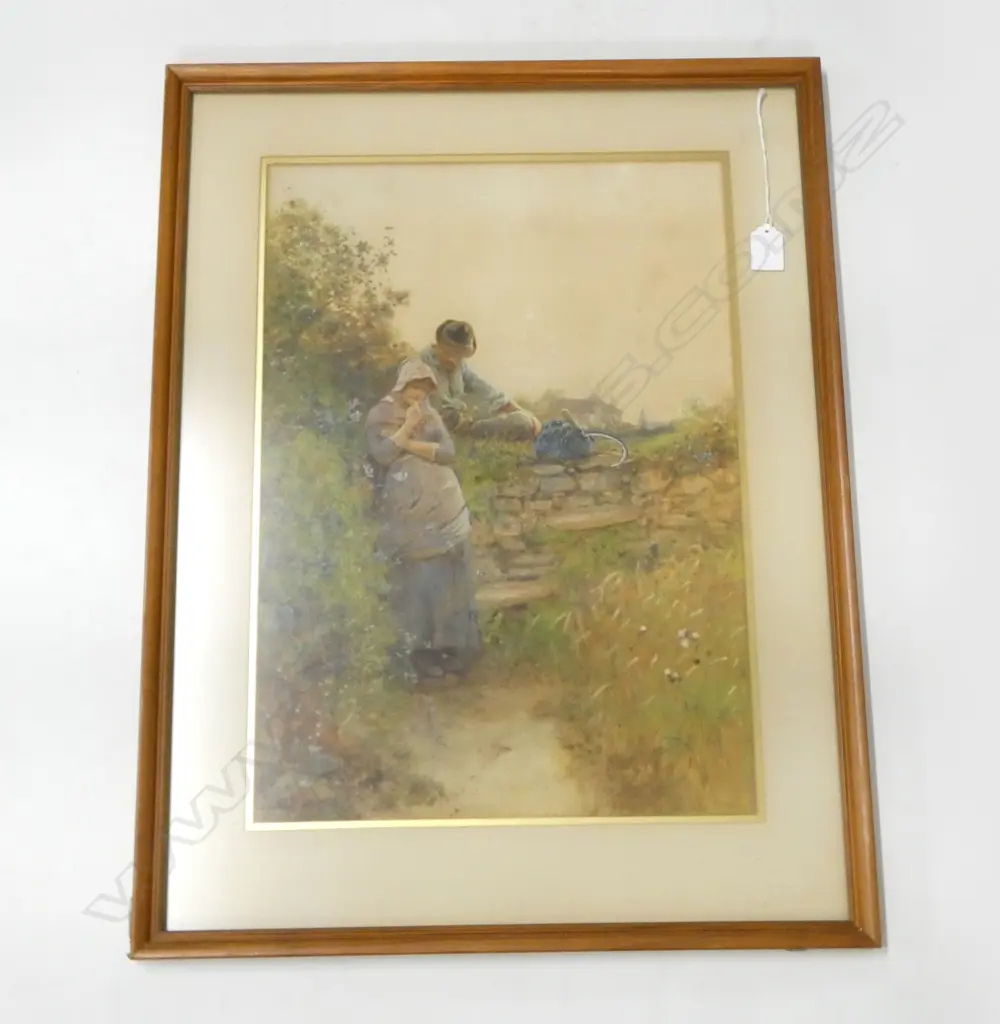 THOMAS JAMES LLOYD (1845-1910), 2 FIGURES BY STONE WALL, WC 490x340mm Image 1++