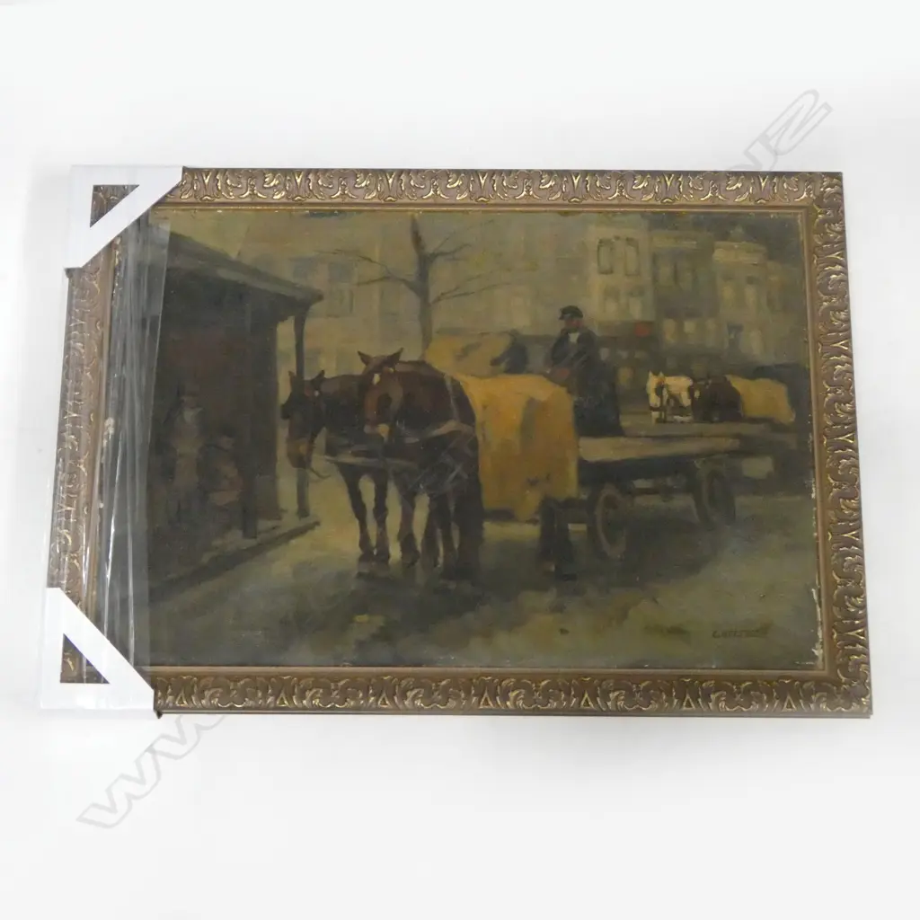 BERNARDUS CORNELIS NOLTEE (DUTCH 1903-67) 'PATIENT HORSES WITH DRAY' OIL ON CANVAS C.1930s 395x595mm Image 1++