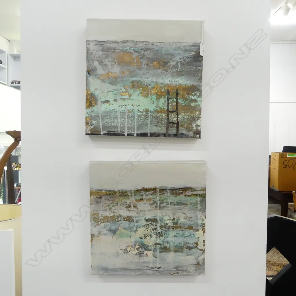 JODY HOPE GIBBONS (NZ b.1966) 'GLISTEN 1 & 2' MIXED MEDIA ON CANVAS 305x305mm Image 1++