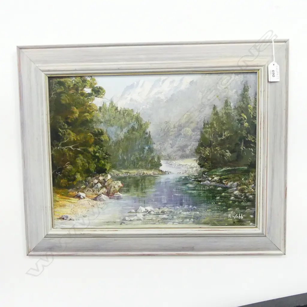 R. WEBB, RIVER LANDSCAPE, OIL ON BOARD 295x395m Image 1++