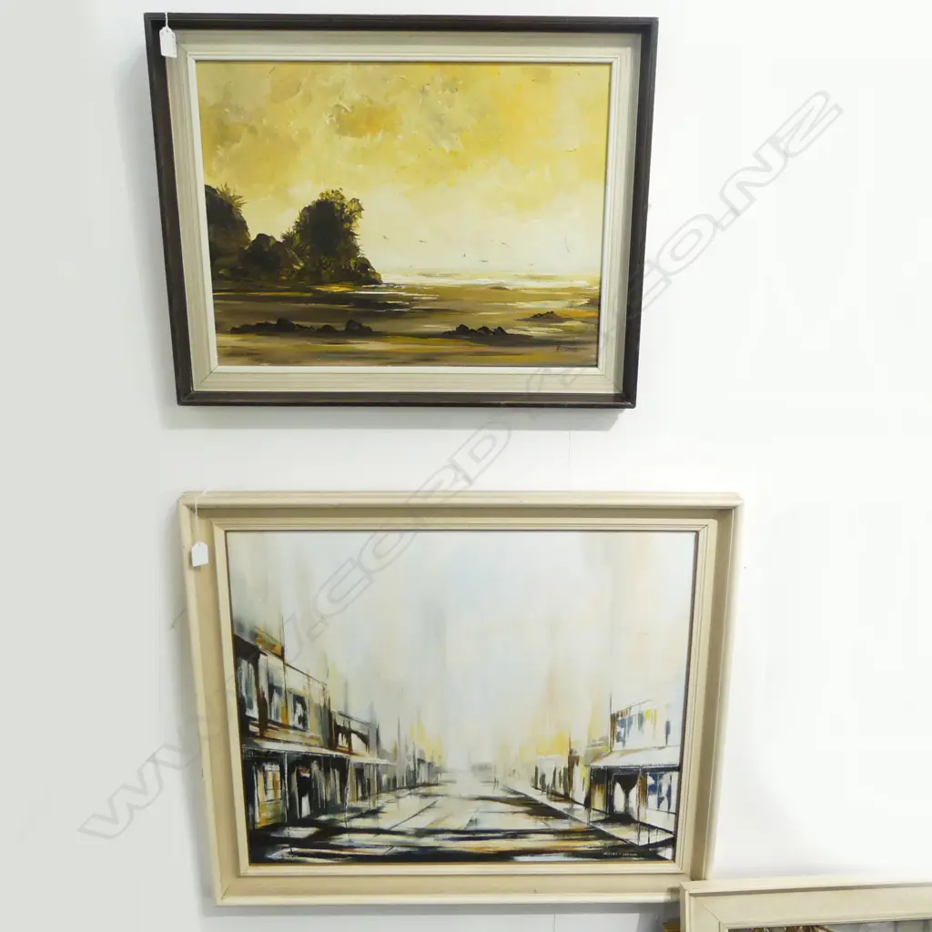 2 SIGNED OILS; LIZ BRANN 'SEASCAPE' COROMANDEL & ROBERT F. SANSOM 'GOLD TOWN', 600x720mm Image 1++