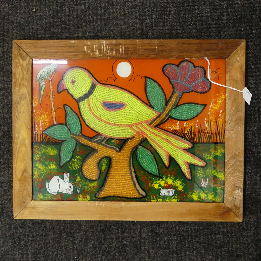 ORIENTAL ARTWORK ON GLASS w. BEADED PARROT 290x390mm Image 1++