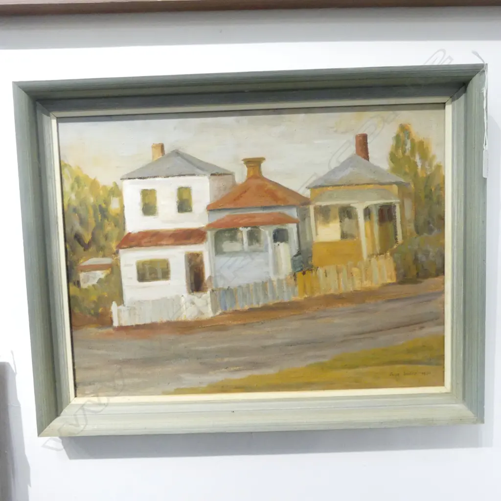 JUNE SHIEFF, 3 COLONIAL HOUSES, ACRYLIC ON BOARD 1970 355x475mm Image 1++
