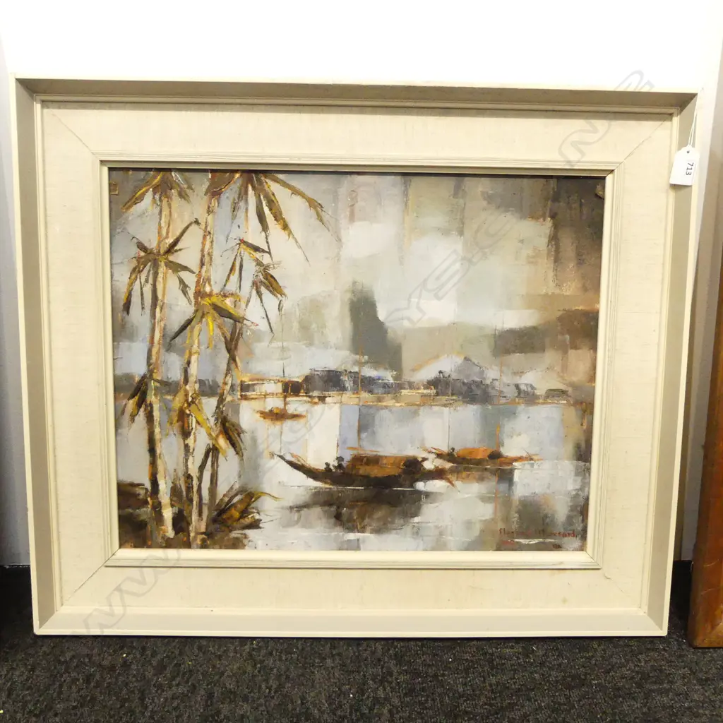 FLORENCE LUXFORD, WATERFRONT LANDSCAPE w. BOATS & BAMBOO, OIL ON BOARD, 390x490mm Image 1++