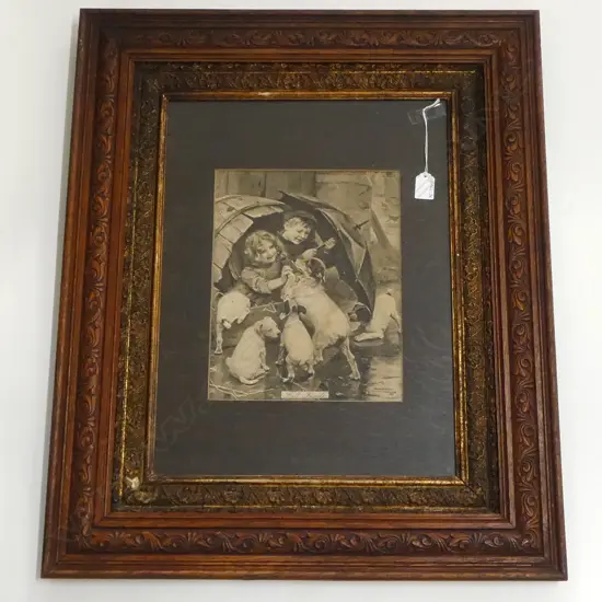 VICTORIAN ARTHUR ELSLEY PUPPY PRINT ORNATE FRAME