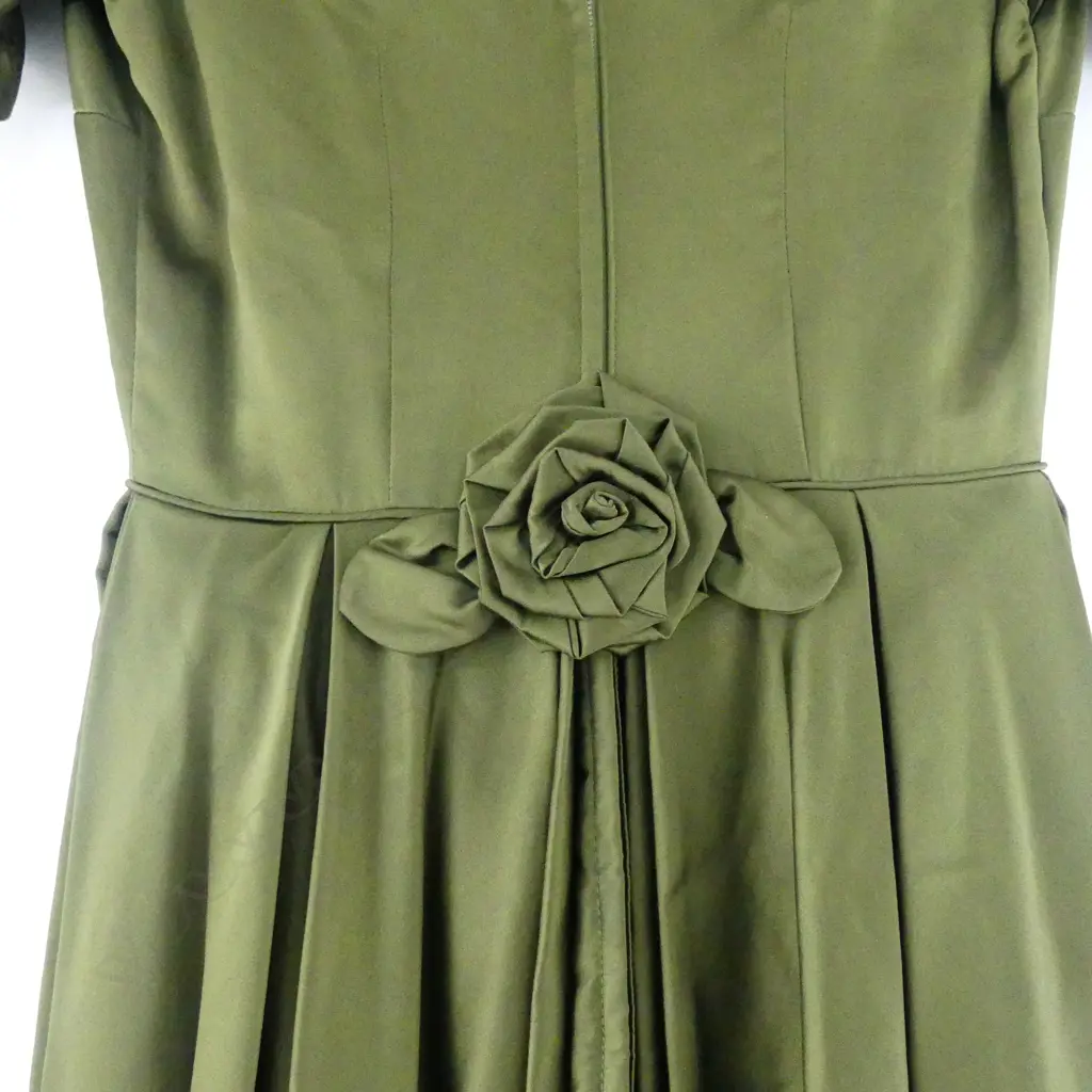 3 VINTAGE 1950s/60s DRESSES; GREEN SATIN, PRINTED COTTON 'SOUTH PACIFIC NZ', BLUE 'STRAVEN GOWN' CHCH ALL SMALL SIZES Image 1++