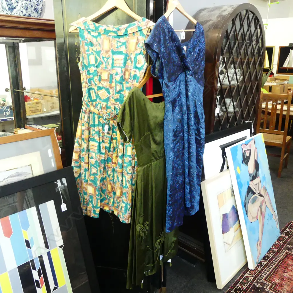 3 VINTAGE 1950s/60s DRESSES; GREEN SATIN, PRINTED COTTON 'SOUTH PACIFIC NZ', BLUE 'STRAVEN GOWN' CHCH ALL SMALL SIZES Image 1++