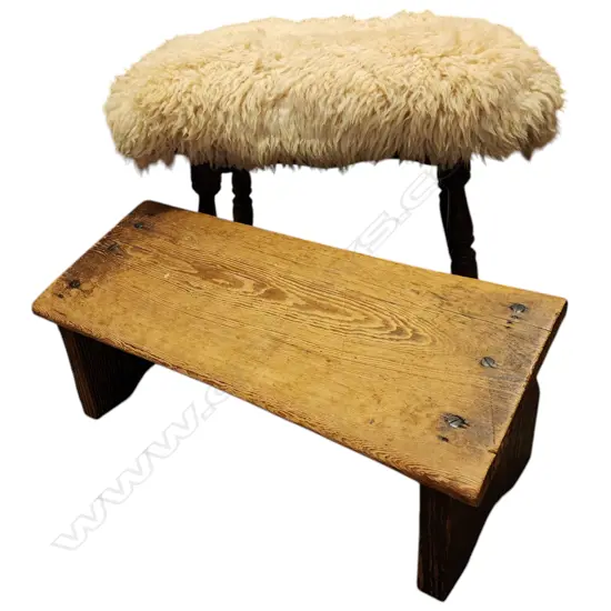 NZ LONGWOOL SHEEPSKIN VINTAGE FOOT STOOL - 520x420mm + ANTIQUE STH AFRICAN FOOTSTALL W570MM