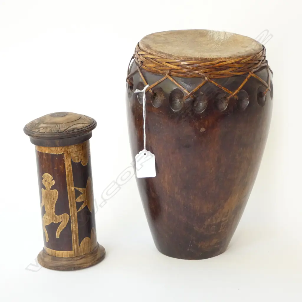 INDONESIAN DRUM & LIDDED BAMBOO CONTAINER w detailed carving Image 1++
