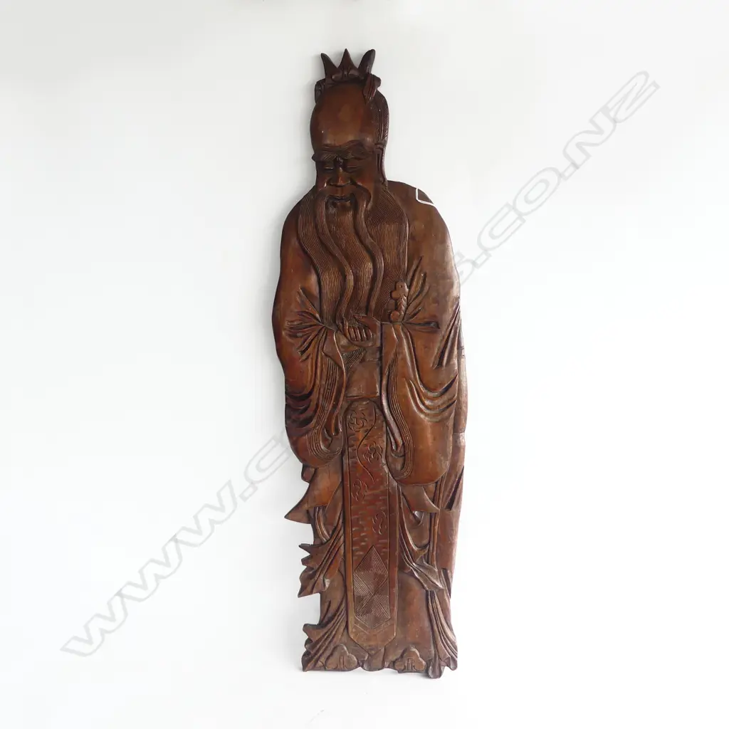 CHINESE CARVED WOOD DEITY WALL HANGING PANEL H.920mm Image 1++