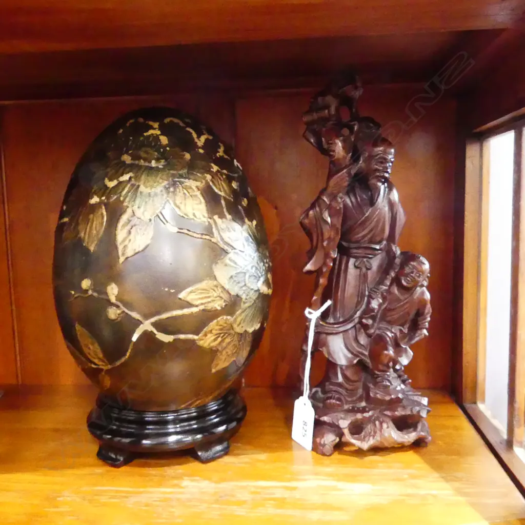 ORIENTAL CERAMIC EGG ON STAND + WOOD CARVING H.260mm Image 1++