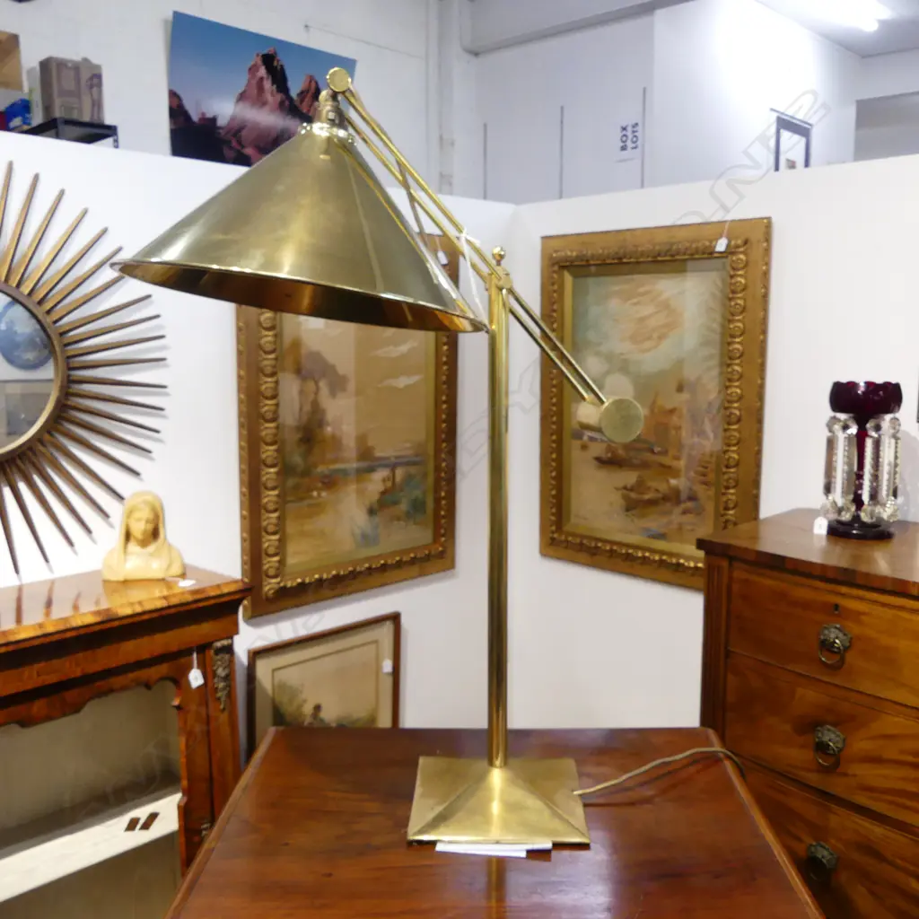 1980'S BRASS ADJUSTABLE DESK LAMP BY JOHN BRITTEN (Motorcycle fame) square base. The shade a later replacement. H.800mm Image 1++