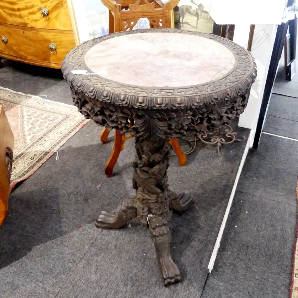 ORIENTAL CARVED WOODEN PEDESTAL SIDE TABLE, MARBLE TOP AF H.815mm Image 1++
