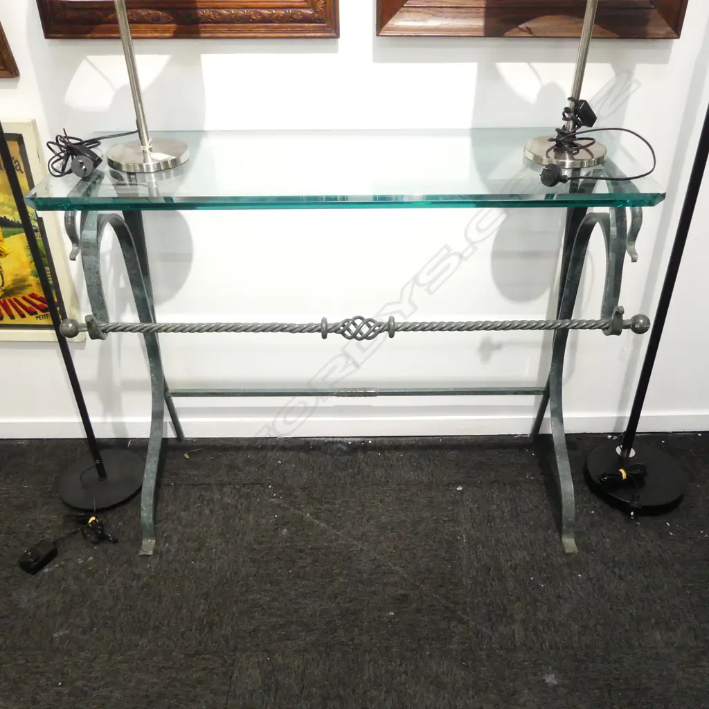 CONSOLE TABLE, GLASS TOP, WROUGHT IRON BASE  Image 1++