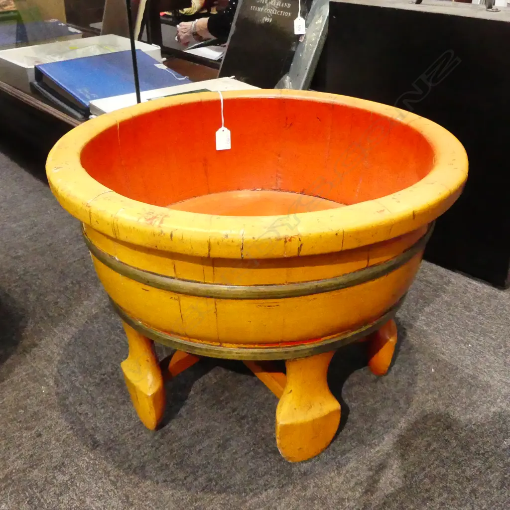 RED / ORANGE LACQUER ORIENTAL COOPERED WOODEN FLOOR STANDING BOWL brass binding + stretchered base. Dia.520mm Image 1++