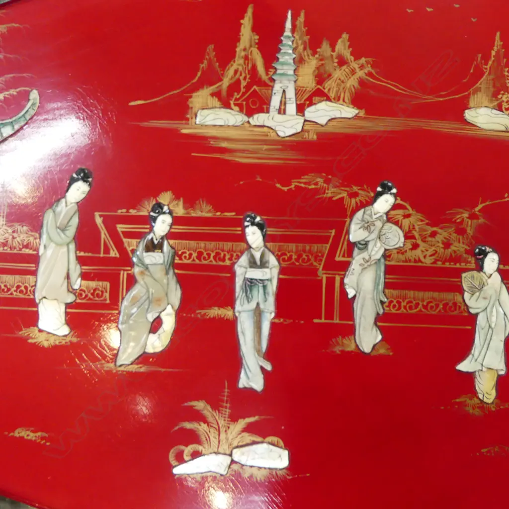 CHINESE OVAL LOW TABLE w GLASS TOP & 6 SMALLER TABLES Image 1++