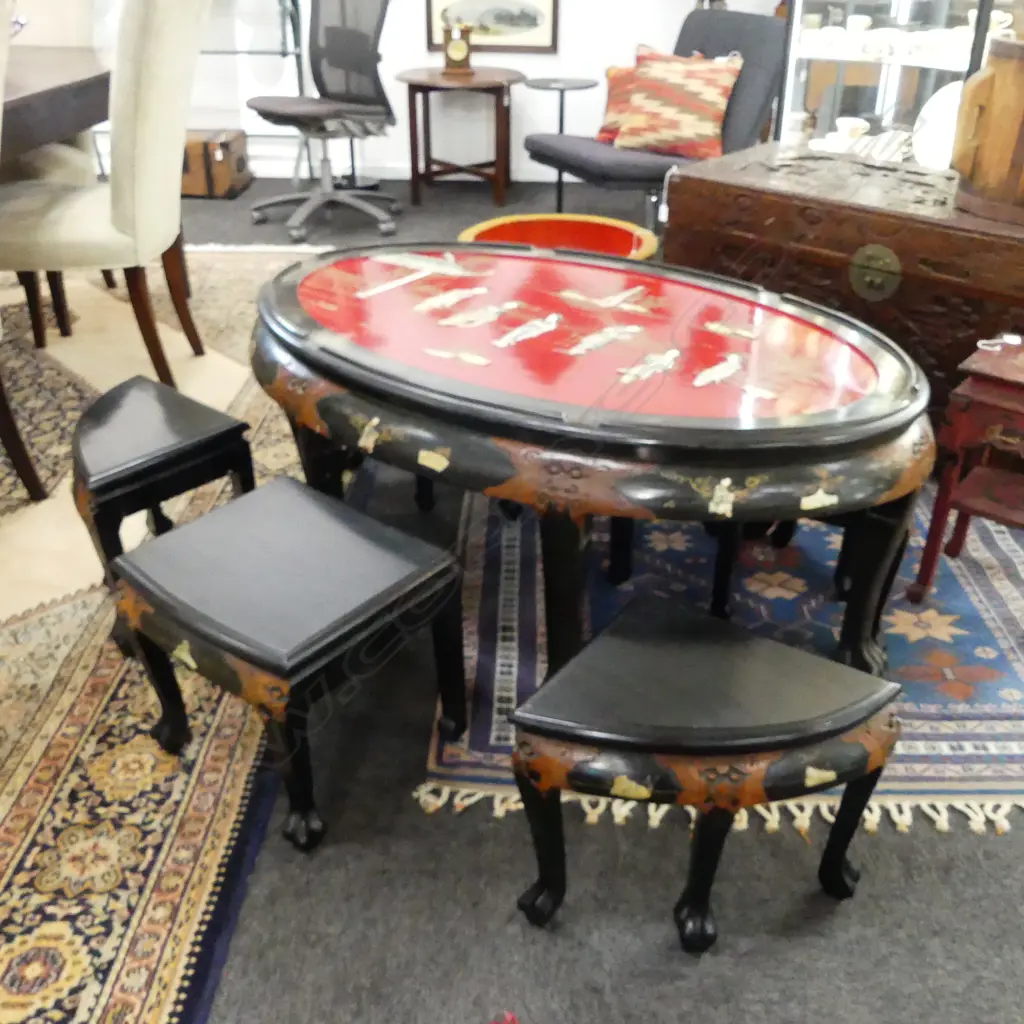 CHINESE OVAL LOW TABLE w GLASS TOP & 6 SMALLER TABLES Image 1++
