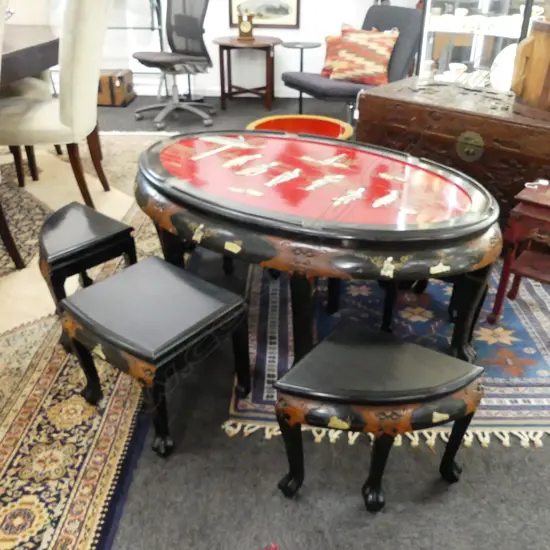 CHINESE OVAL LOW TABLE w GLASS TOP & 6 SMALLER TABLES