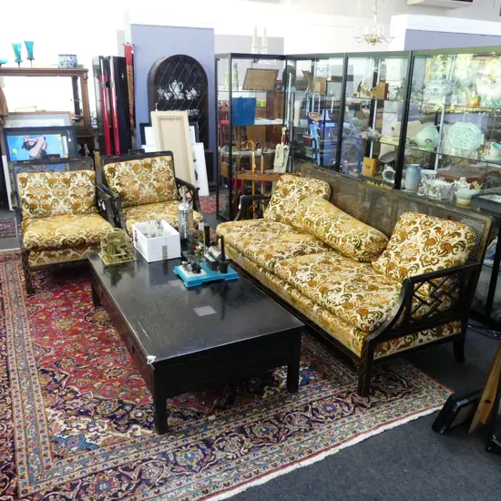 CHINOISERIE STYLE SOFA + PR ARMCHAIRS BY MAPLES OF LONDON...
