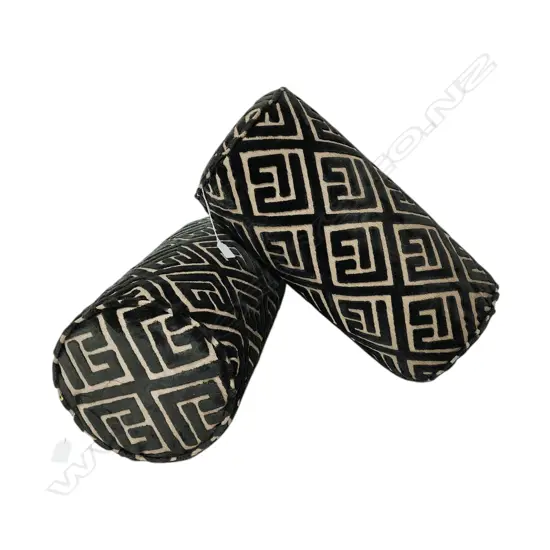 PAIR OF DARK GREEN VELVET BOLSTER CUSHION - GEOMETRIC DESIGN - 530 x 250 x 250 mm