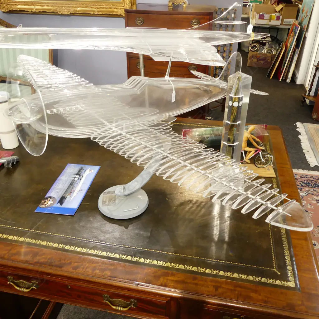 CLEAR ACRYLIC SPITFIRE MODEL ON STAND BY J G BORROWS 2010 1290x1000x250mm Image 1++