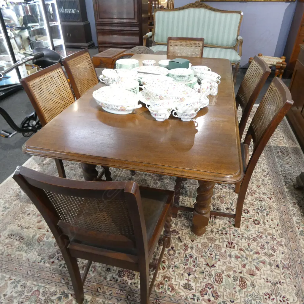 OAK BARLEY TWIST TABLE & 6 CANE BACK CHAIRS Image 1++
