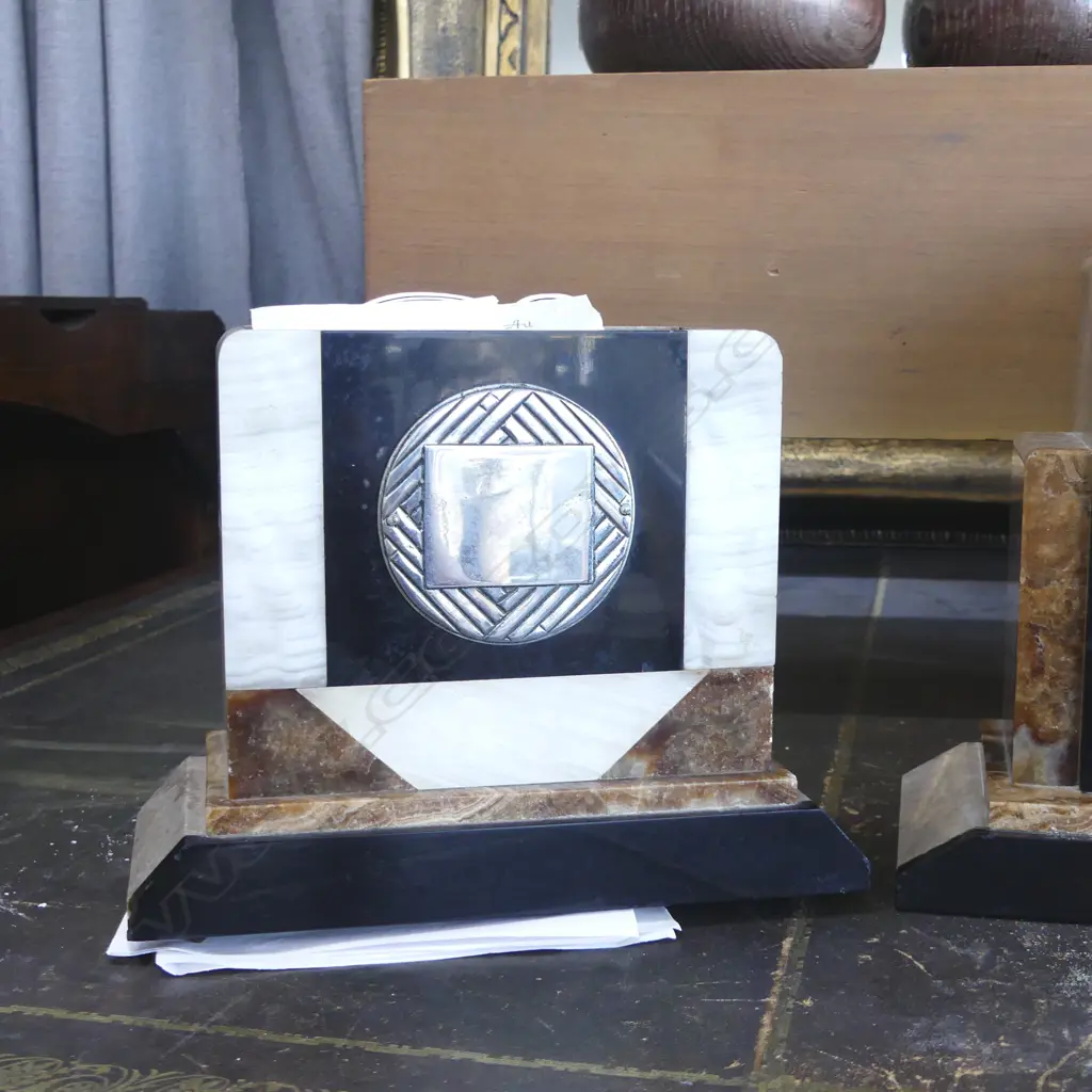 ART DECO 3 PCE GARNITURE CLOCK SET MARBLE & ONYX WITH SILVER PLATE DETAIL... 440 x 115 x 240mm (clock) Image 1++