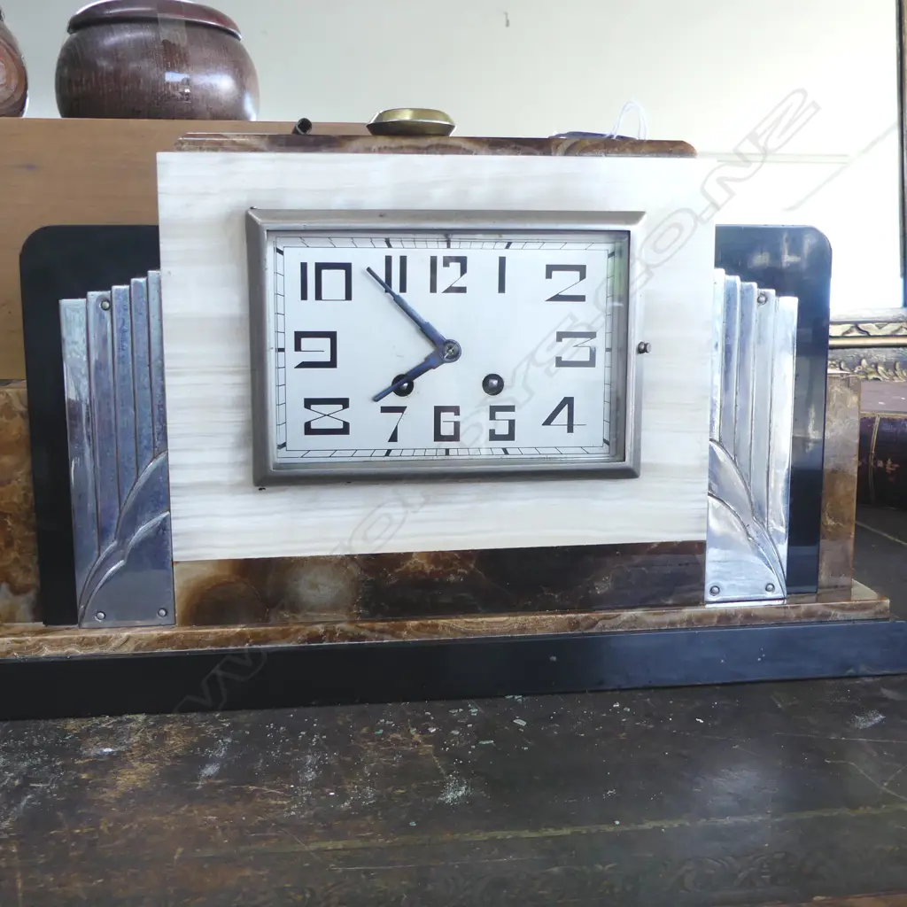 ART DECO 3 PCE GARNITURE CLOCK SET MARBLE & ONYX WITH SILVER PLATE DETAIL... 440 x 115 x 240mm (clock) Image 1++